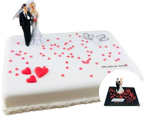 Cake Company Tortendeko zur Hochzeit und Hochzeitstag | Essbare Tortendeko mit Brautpaar aus Kunststoff, essbarem Schriftzug Alles Gute zur Hochzeit und Zuckerkonfetti Herzen rot