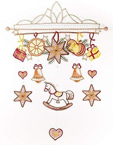Fensterbild Windspiel Schaukelpferd farbig 25 x 33 cm aus Plauener Spitze Fensterdeko Fensterschmuck Bilder Handarbeit Deko Fenster