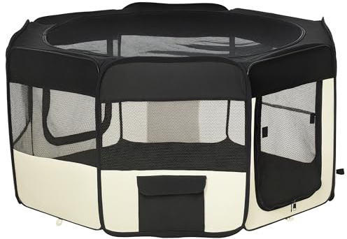 PawHut Parque Plegable para Perros y Gatos Parque de Juego para Mascotas con 2 Puertas y Cojín de Tela Oxford Juego Entrenamiento para Dormitorio Ø120x58 cm Negro