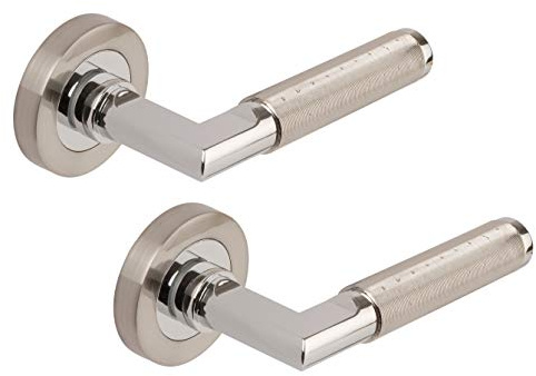 Excel Aura Passage Door Handles on Round Rose, Satin Nickel/Polished Chrome