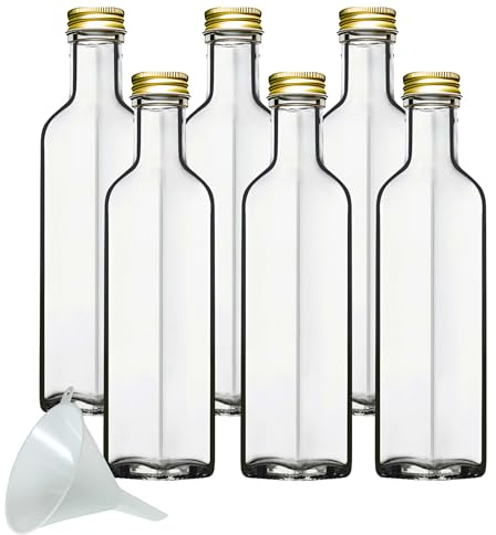 mikken 6 x Glasflasche 250 ml mit Schraubverschluss, leere Flaschen zum Befüllen als Ölflasche, Schnapsflasche, Likörflasche + 1 Trichter