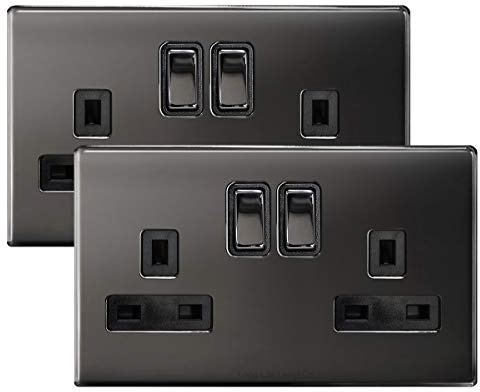 2 x Double Wall Socket Switched Black Nickel 2 Gang Screwless 13a Double Pole N410GME