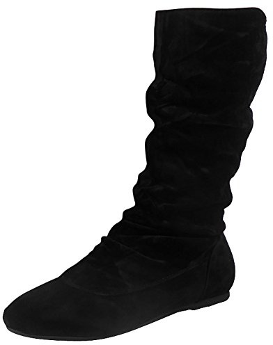 LoudLook Women’s Mid Calf Boots Pull-On Flat Heel Slouch Ruched Winter Shoes Lightweight Non-Slip Sole Comfortable Casual Indoor Outdoor Wear Sizes Black 6