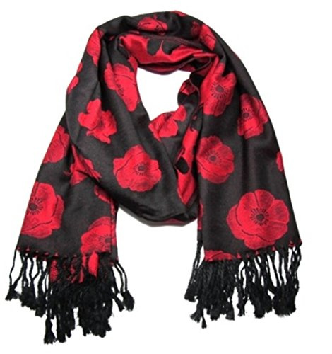New Fine Pashmina Soft Black Red Poppy Poppies Print Scarf Wrap Gift