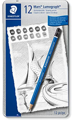 Staedtler Mars Lumograph, Crayons à papier de très haute qualité pour écriture et dessin artistique, Boîte en métal avec 12 crayons assortis 8B-2H, 100 G12 S