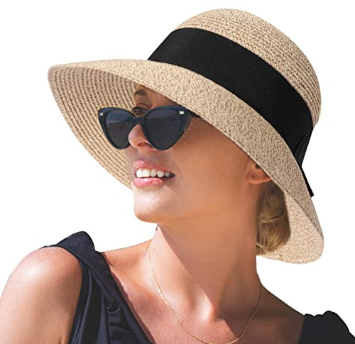 Comhats Sun Hats Women, Ladies Straw Beach Hats UV Protection Summer Hat Foldable Wide Brimmed Sunhats Packable Panama Hat Adjustable Beige Mixed M/L 57CM