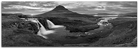 Leinwandfoto als Panorama SCHWARZ/WEISS 120x40cm Island Landschaft Berge Wasser Abendlicht