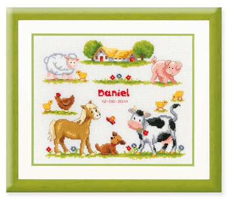 Vervaco Gezählter Kreuzstich Stickpackungen Stickset Baby Geburt Nutztiere Wanddekoration Handarbeit Set für Erwachsene Kreatives Handwerk ca. 27 x 23 cm Geburt Geschenk Hausdeko
