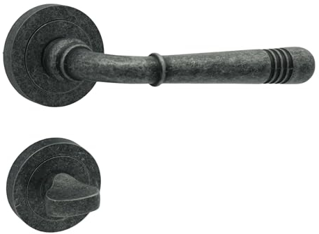 Domino Door Handle Lever Handle Set WC - Bathroom Set | Round Rosette | Door Fitting for Bathroom Doors | Set WC - Rosette Set | Door Handle Made of Znal | Nickel | LOFT-R