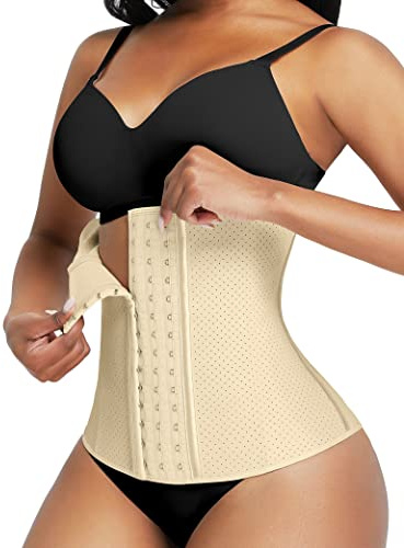 FeelinGirl Damen Trainer Korsett Atmungsaktiv mit Stanzung Taillenmieder 3-reihige Haken Unterbrust Cincher mit 9 Stahlknochen Latex Waist Shapewear Beige M
