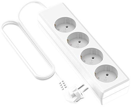 Garza - Multiprise 4 prises sans interrupteur et avec prise de terre, multiprise de 1,4 mètre, jusqu'à 3680 W, protection enfant, câble H05W-F 3G, couleur blanche