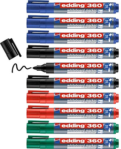 edding 360 marcador para pizarras blancas - multicolor - 10 rotuladores - punta redonda 1,5-3 mm - rotulador para pizarra blanca, borrado en seco - flipchart, tablón de notas - recargable
