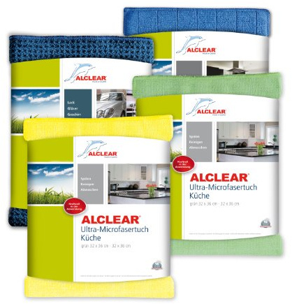 ALCLEAR 961000 Küchenset 4-teilig, enthält Ultra-Microfasertücher Küche je 32 x 36 cm, Trockentuch Waffeltuch 60 x 40 cm, Spülschwammtuch Antibak, 17 x 23 cm, gelb und grün mehrfarbig, Mikrofasertücher Set Haushalt