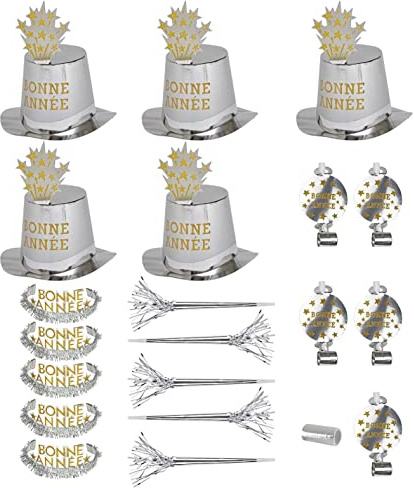 W WIDMANN MILANO Party Fashion - Party-Set Bonne Année, Silber, Set aus 5 Partyhüten, 5 Kronen, 5 Partytrompeten, 5 Tröten und 1 Pack Luftschlangen