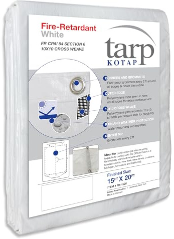 Kotap 15 x 20 Ft. Fire-Retardant Tarp for Construction Job Sites Requiring Tarpaulin, White (FR-1520)