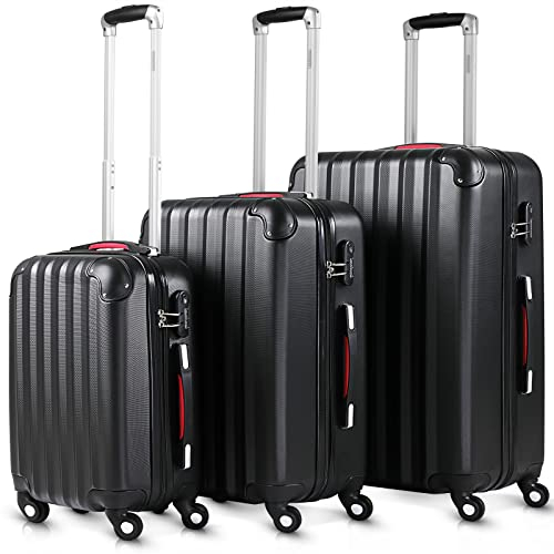 Monzana® 3tlg. Kofferset Baseline Hartschalen Koffer M-L-XL Gel-Griffe 4 Rollen Kantenschutz Schloss Standfüße Trolley Rollkoffer Reisekoffer schwarz