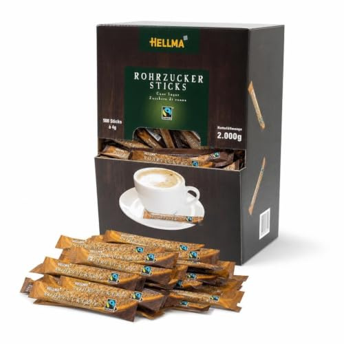 HELLMA Fairtrade Rohrzucker-Sticks 500 Stück – einzeln verpackte Zuckersticks à 4 g brauner Fairtrade-Zucker, portioniert für Kaffee & Tee, Gastronomie & Hotel