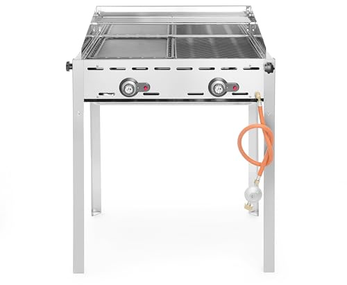 HENDI Parilla de gas de 2 quemadores, Green Fire, incl. contravientos, 1 plancha y 1 rejilla de asador GN 1/1 de hierro fundido, grill, uso exterior, 740x612x(H)825mm, 11,6kW, acero inoxidable