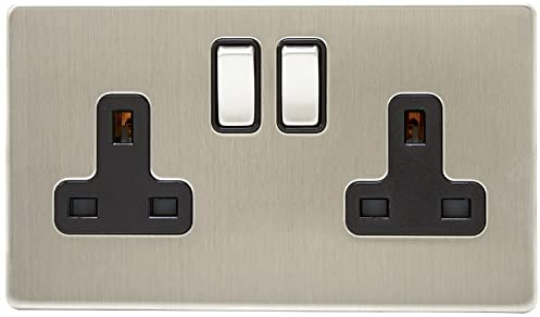 AET SL2GSOCBS Screwless Satin Chrome Flat 2 Gang 13 Amp Socket Black Insert Metal Rocker Switch