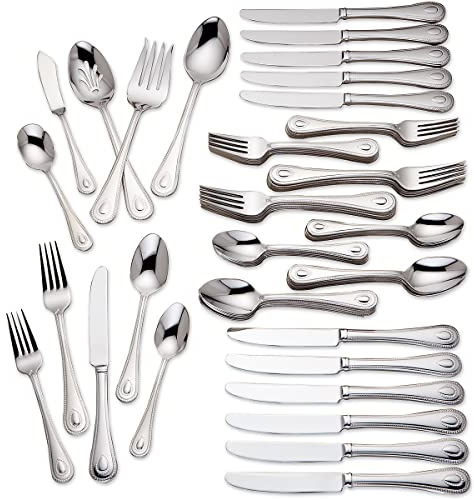 Lenox Silverware Set For 12, French Perle 65-Piece Flatware Set with Serving Utensils, Service For 12, Elegant 18/10 Stainless Steel Utensils with Beading, Knives Spoons & Forks (Silver, 65 Piece)