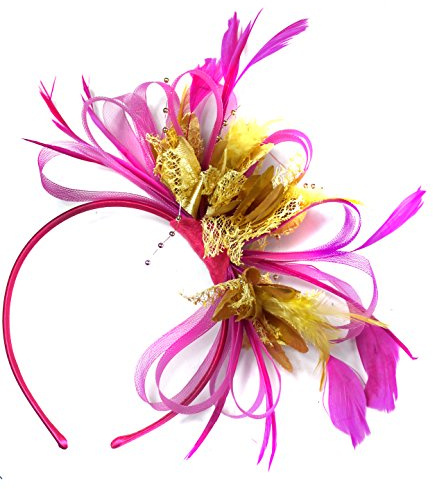 Caprilite Fuchsia Hot Pink and Gold Net Hoop Feather Hair Fascinator Headband Wedding Royal Ascot Races