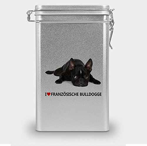 digital print Hundefutterdose Französische Bulldogge, Vorratsdose, Leckerliedose, Blech-Dose, Hundenapf mit Motiv Französische Bulldogge - Silber