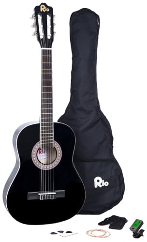 Río 3/4 tamaño Paquete de guitarra clásica para niños traje de principiantes – 9 A 12 años – incluye bolsa, correa, púas, sintonizador Black