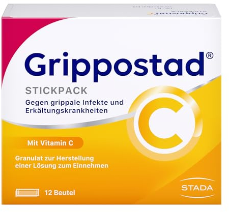 Grippostad C Stickpacks veganes Trinkgranulat zur schnellen Linderung von Reizhusten, Schnupfen, Kopf- und Gliederschmerzen und Fieber bei Erkältung und grippalen Infekten, 12 St