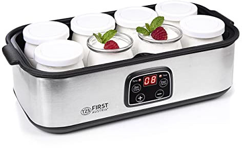 TZS First Austria - Yogurtera eléctrica 25W con 8 vasitos de vidrio de 180 ml para hasta 1,4L de yogur casero - Con temperatura de 20-55°C, apagado automático y pantalla LCD - Blanco