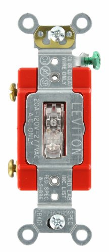 Leviton 20-Amp, 120 Volt, Toggle Lighted Handle, Illuminated Off Single-Pole AC Quiet Switch, Extra Heavy Duty Grade, Self Grounding, 1221-LHC, Clear