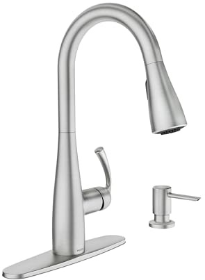 Moen Essie Spot Resist Stainless Pulldown Sprayer Kitchen Sink Faucet Set with Modern Pump Soap Dispenser, 87014SRS