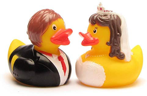 Duckshop I Badeente Brautpaar I Quietscheente - L: 8 cm I inkl. Quietscheentchen-Schlüsselanhänger im Set I Geschenk für Hochzeit I Präsent für Vermählte