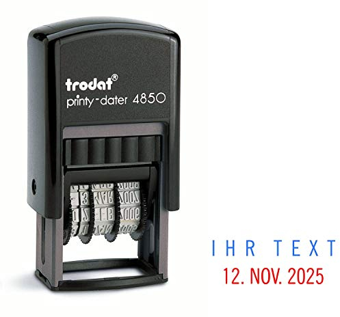 Trodat Printy Dater 4850 Datumstempel mit 2farbigem Kissen blau/rot + Wunschtext, Stempeltext:I H R T E X T