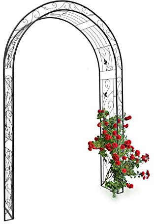 Relaxdays Rosenbogen Blatt mit Verzierung HBT 226 x 144 x 36,5 cm Rankhilfe und Torbogen als Kletterhilfe für Kletterrosen aus Eisen mit 6 Heringen stabiles Rankgitter und Rosenspalier, schwarz