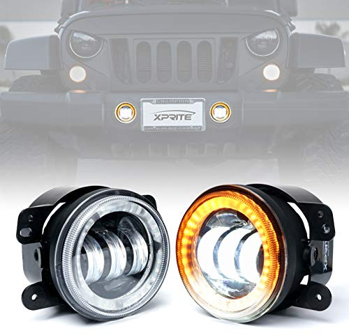 Xprite 4-Inch LED Fog Lights with Yellow Halo Ring Angle Eye DRL, 60W Super Bright Front Bumper Fog Lamps Plug N Play Replacement Compatible with 2007-2018 Jeep Wrangler Unlimited JK, DOT Approved