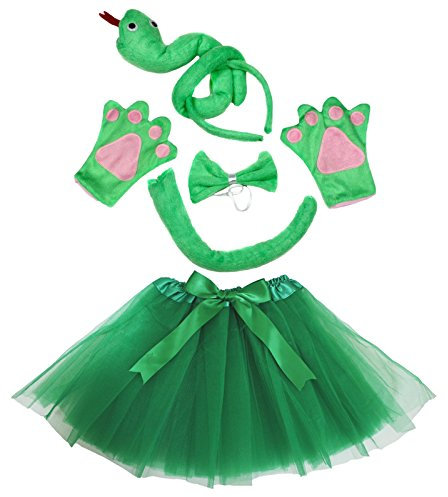 Petitebelle Green Snake Headband Bowtie Tail Gloves Tutu 5pc Girl Costume (Green)
