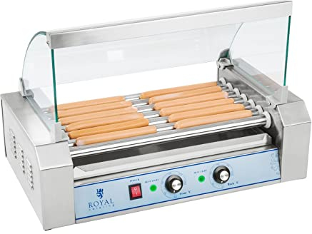 Royal Catering Hot Dog Grill Hot Dog Machine Hot Dog Maker (7 rollos, espacio para 12 salchichas, 1400 W, 2 zonas de calentamiento, acero inoxidable), color plateado