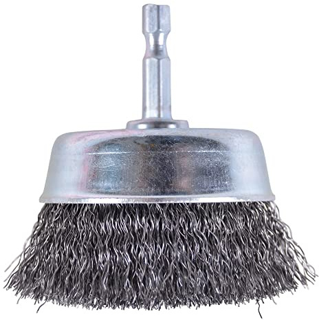 Makita P-66905 Topfbürste Ø 75 mm, gewellt, verzinkter Stahldraht, 1/4-Sechskantaufnahme, Drahtbürste zum Entrosten, Entzundern, Aufrauen und Reinigen von Stahl