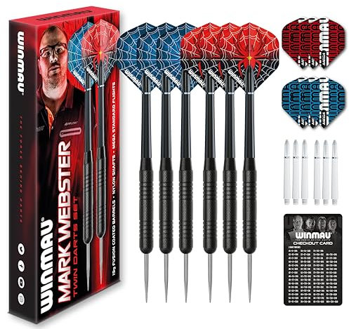 WINMAU Darts Mark Webster Twinset - Acier de qualité supérieure - 19g Jeu de fléchettes à Pointe en Acier avec ailettes et tiges de fléchettes, y Compris Une Carte de Score