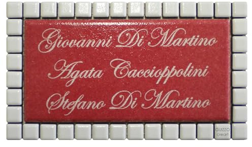 GUIZZO Creart - Namensschild Haustür, Personalisierte Keramikplakette mit Lasergravur, Personalisierte Hausnummerntafel mit Rahmen, Hausnummerntafel 17x9,5Hcm Weiß/Dunkelrot, Namenstafel Made in Italy