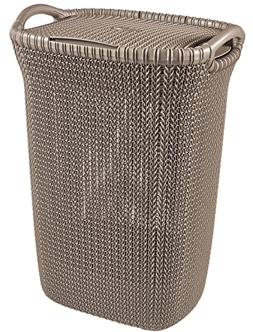 Curver Coffre à Linge 57L, Aspect Tricot - Bac à Linge Sale avec Couvercle - Bonne Aération - Poignées Ergonomiques - pour Salle de Bain ou Buanderie - 45,2 x 34,1 x 61,4 cm - Marron