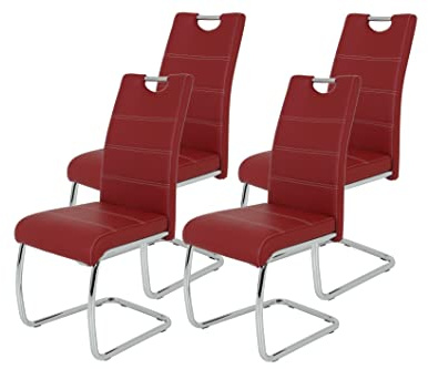 Hela Tische 4er Set Schwingstuhl, Küchenstuhl Flora, Kunstleder Bordeaux, Griffmulde, Metallgestell verchromt, 42x57x98 cm