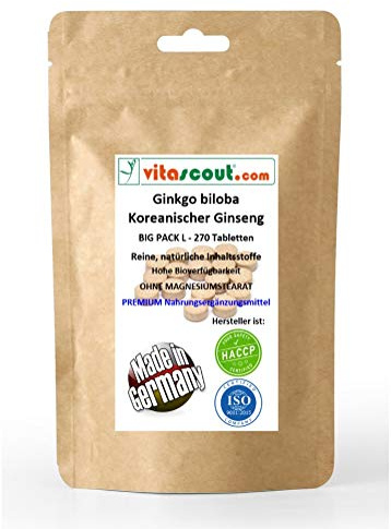 270 vegetarische Tabletten Ginkgo biloba EXTRAKT 3000 & Panax Koreanischer Ginseng EXTRAKT 1000 - MADE IN GERMANY - OHNE MAGNESIUMSTEARAT