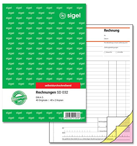 SIGEL SD032 Rechnungen, A5, 3x40 Blatt, selbstdurchschreibend, 1 Stück, aus nachhaltigem Papier, Rechnungsblock
