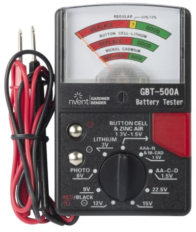Gardner Bender GBT-500A Analog Battery Tester for 1.5 V Button Cell/22.5 Photo/AA/AAA/12 V/9 V/Lantern Cells & More, Leads, Black