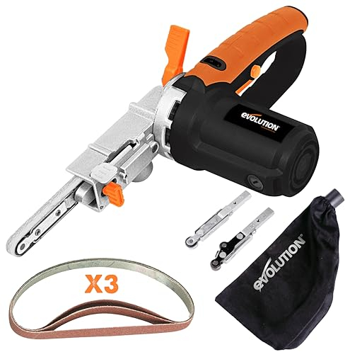 Evolution Power Tools Levigatrice elettrica a nastro sottile di precisione, multiuso, per limatura, levigatura, levigatura, include 3 nastri abrasivi a grana mista, sacchetto per la polvere, 230 V