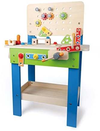 Hape Meister-Werkbank | Preisgekrönte Werkzeugbank für Kinder aus Holz Spielzeug Spiel kreatives Bauen, Höhenverstellbar 35-teilige Werkstatt für Kleinkinder