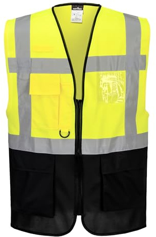 Portwest C476 Warszawa Verkställande Väst Reflekterande Tejp Hög Synlighet | Gul/Marinblå, 3XL, EN ISO 20471 Klass 1, Unisex, 7 Fickor, Polyester, Öppning med Dragkedja, Lättvikt, Andningsbar, Skaltyg