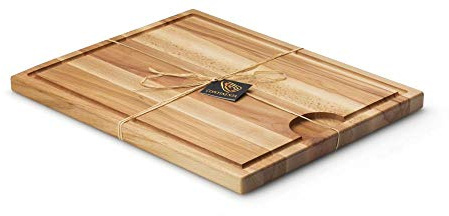 Continenta Schneidebrett mit Saftrille aus Buche Kernholz, Tranchierbrett in Profi Qualität, mit Bast-Geschenk-Verzierung, Größe: 42 x 34 x 2,4 cm
