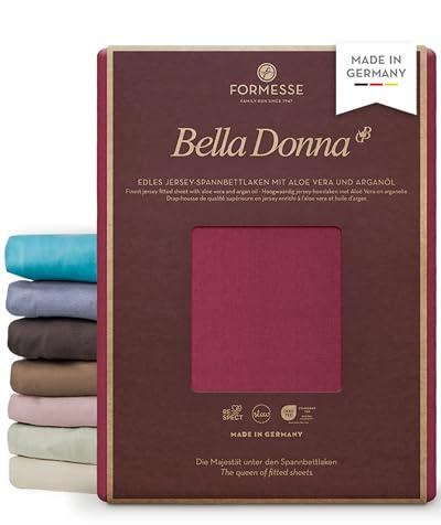 Formesse – Bella Donna Jersey. Edles Jersey-Spannbettlaken 180x190-200x220 cm - bis 30cm Höhe - 97% Baumwollzwirn, 3% Elastan, Aloe Vera & Arganöl/Spannbetttuch aus Deutschland - Farbe Bordeaux | FORMESSE Farbe Bordeaux; 180x190-200x220cm, bis 30cm; 97% Baumwollzwirn, 3% Elastan; Aloe vera&Arganöl, intensive Farben
